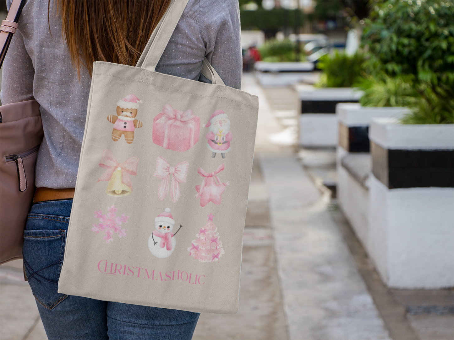 Pink Christmas Tote Bag | Aesthetic Holiday Bag